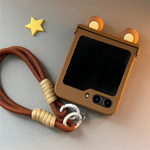 Cute 3D Bear Ears Brown Phone Case with Hand Strap for Samsung Galaxy Z Flip 7 fe Z Flip6 ZFlip 5 Zflip6 Zflip5 Shockproof Cover