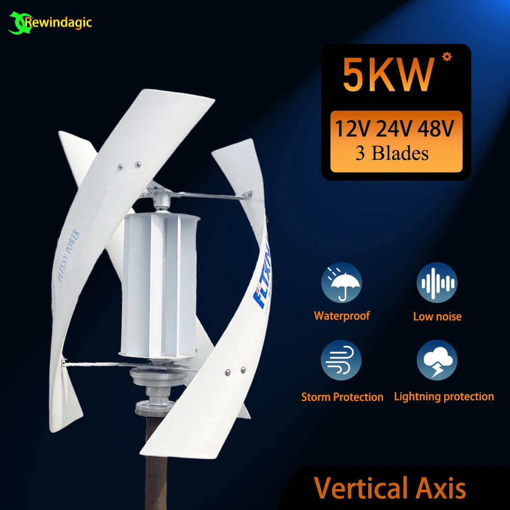 

Wind Turbine 5KW Vertical Axis Maglev Plant High Voltage Generator 5000w 24V 12V 48V With Hybrid Charge Controller For Home Use