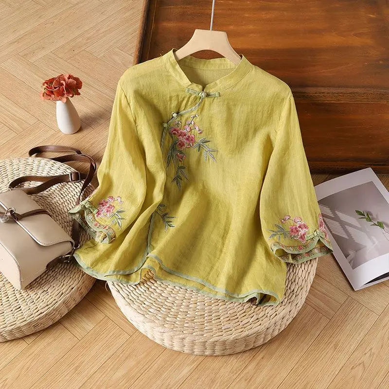 New Women Chinese Style Vintage Embroidery Blouses Stand Collar Irregular Loose Thin Shirts Elegant Cotton Linen 3/4 Sleeve Tops