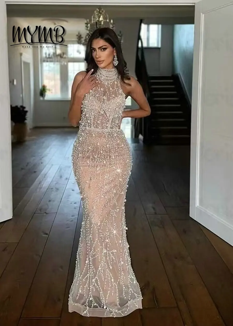 MYMB Sexy Halter Neck Sleeveless Beaded Evening Couture Dresses for Wedding Party Arabic Mermaid Formal Gown With Gloves MY30107