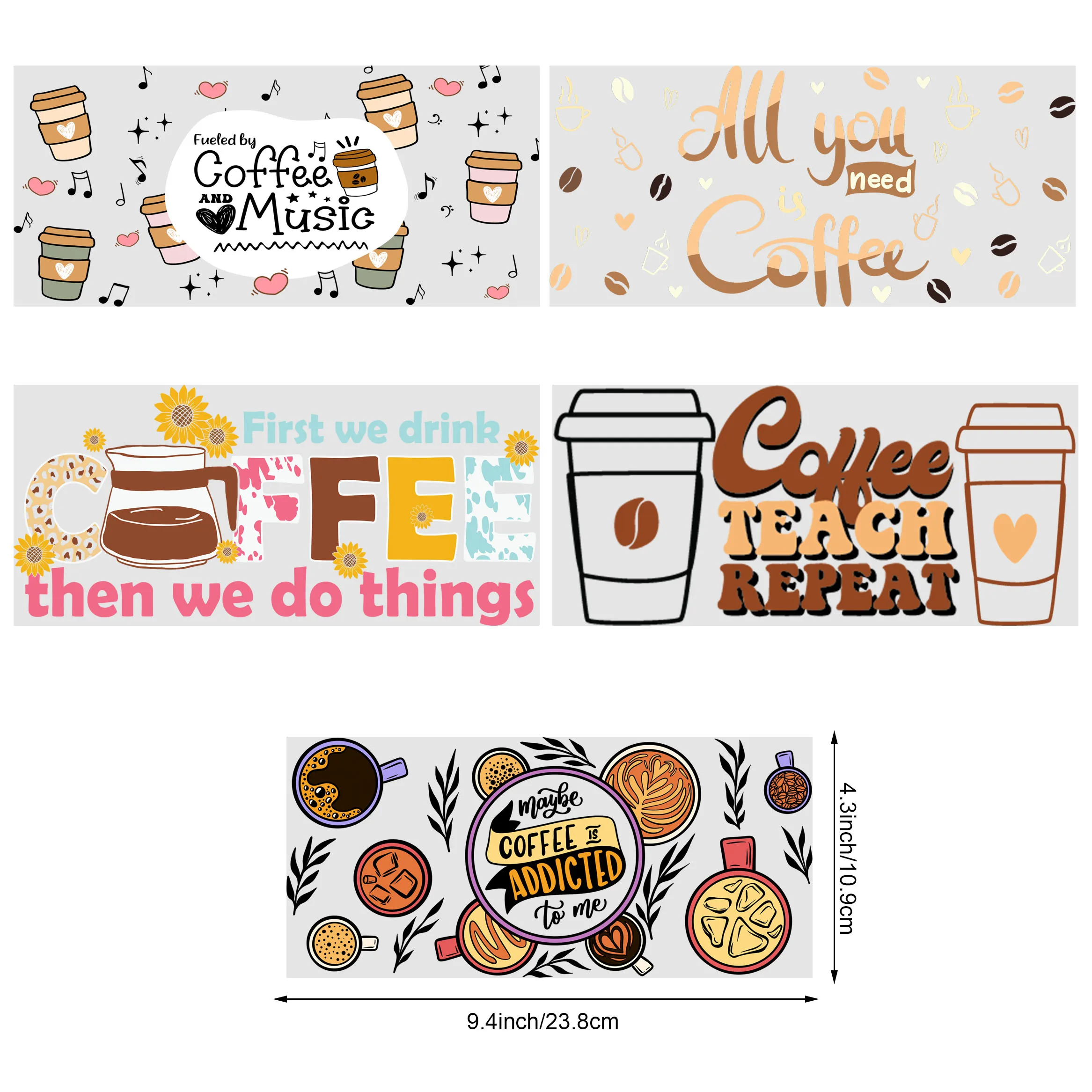 5 sheets cartoon coffee UV DTF cup stickers, glass cup sports DTF transfer stickers, waterproof wipe transfer paper, suitable