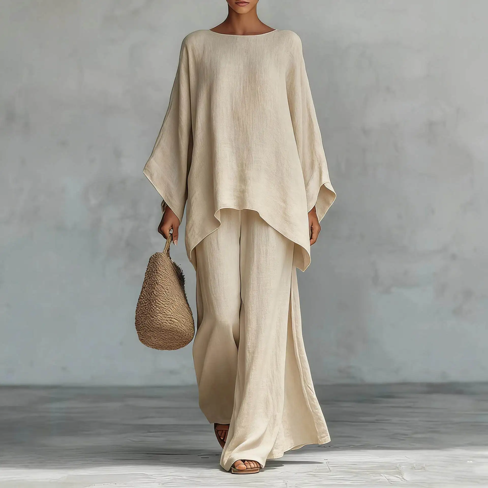 Women's Casual Loose Linen Mix Wide Leg Pants Shirt Set Simple Fashion mid Low Waist Umbrella Soldier Pants Pure Color PVC Fa...