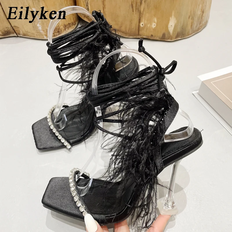 Eilyken Fashion Summer Rhinestone Feather Women Sandals Lace-up Cross-Tied Sexy Gladiator Square Toe Ladies High Heel Shoes