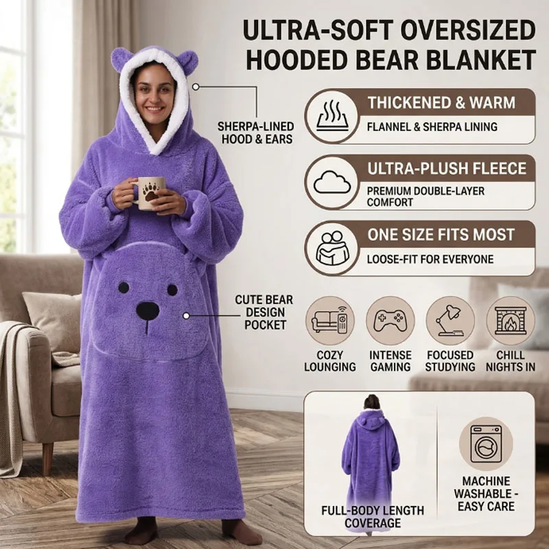 Hooded Blanket Oversized Extra Long Thickened Wearable Blanket Warm Cozy Flannel Sleepwear Lazy Blanket for Winter Gift