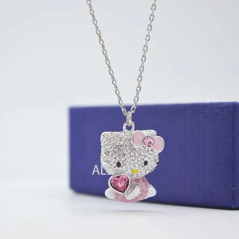 

Sanrio Hello Kitty Necklace Ring Y2K Girls Xmas Gift Chain Alloy Silver Crystal Charm Rhinestone Goth Jewelry Valentine Gift