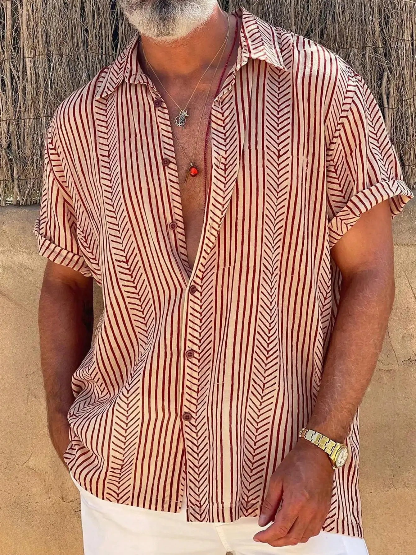 

Men's Short-Sleeve Casual Shirt with Red Chevron Print, Lightweight Cotton Blend for Summer