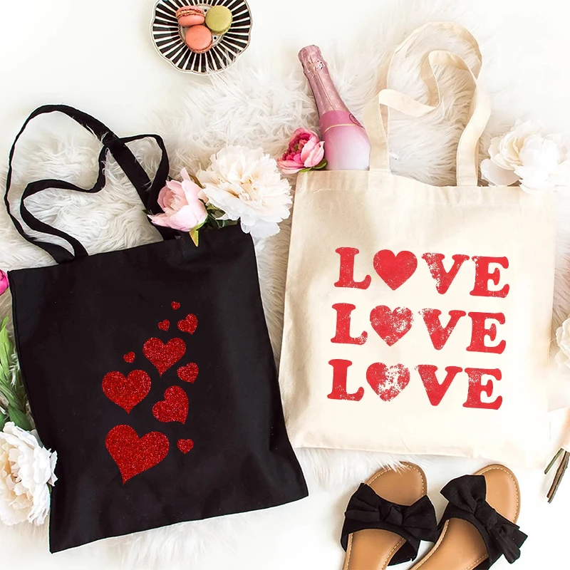 New Heart Series Women Tote Bags Cute Valentines Heart Print Canvas Eco Handbag Harajuku Handbags Fashion Teen Shoulder Bag