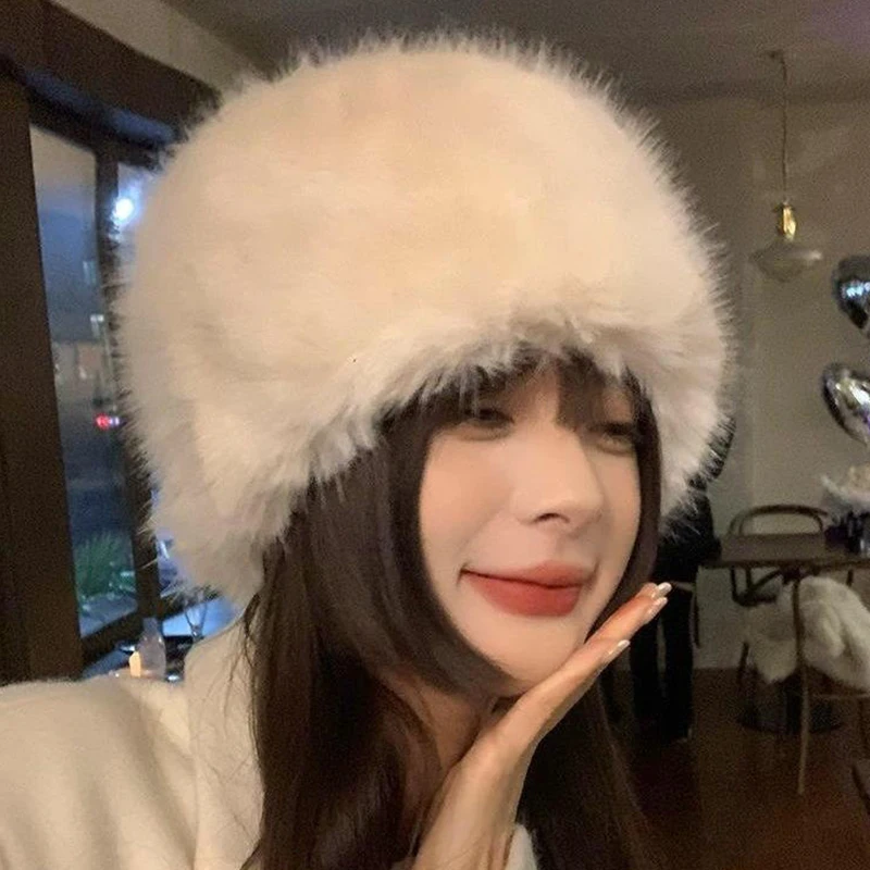 

Fashion Women Winter Hat Fluffy Faux Fur Thick Warm Beanies Plush Solid Color Girls Ear Protector Cap Windproof