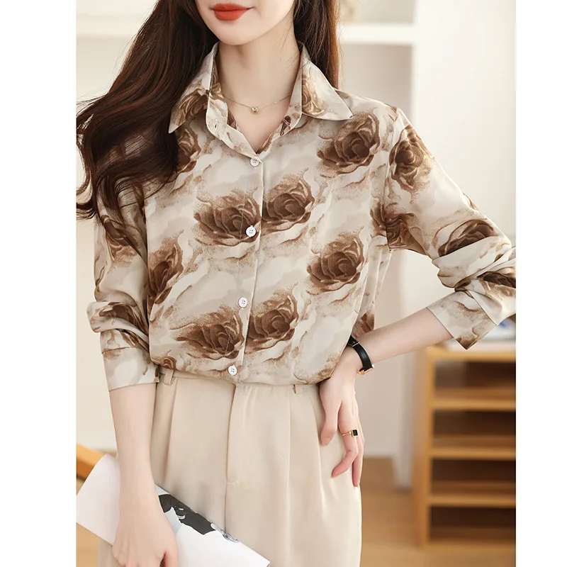 Korean Retro Printed Long Sleeved Shirt Women's Ink Wash Blended Loose Drape Shirt Top