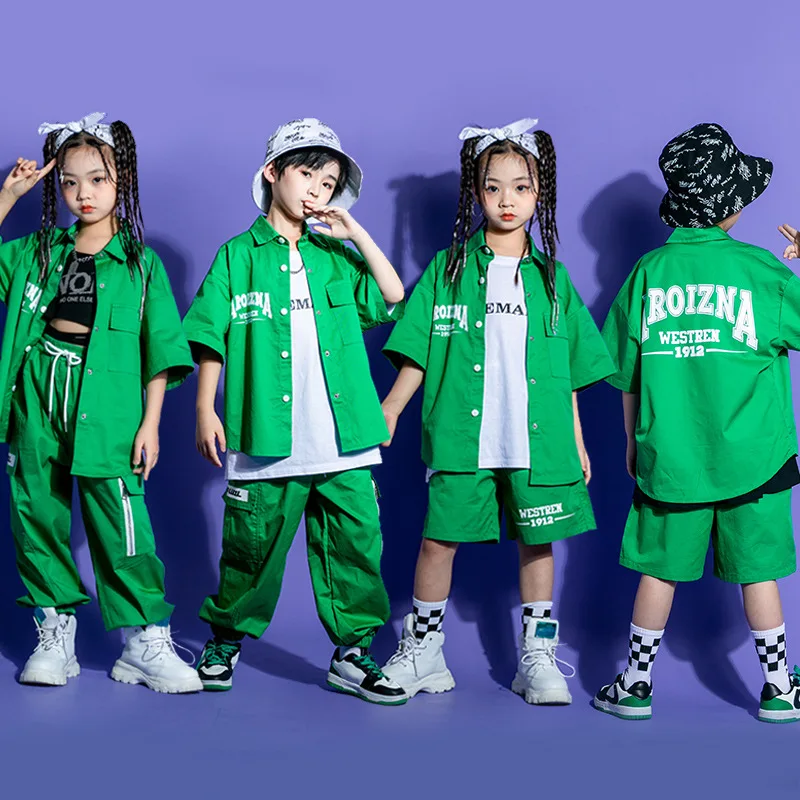 

Kid Festival Hip Hop dancing Outfits Green Sweatshirt Crop Tops Jogger Pants for Girls Dance Costumes Street Clothes wear