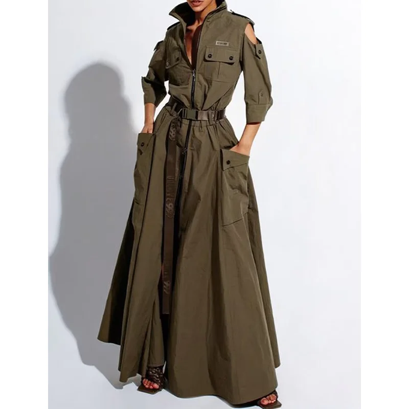 Chic Solid Maxi Shirt Dress Casual Turndown Neck mezza manica con cerniera tasche per cintura abito lungo Ladies Streetwear abbigliamento donna