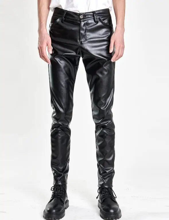 Spring Summer Thin Youth Men Leather Pants, Men Elastic Slim Hair Clipper Leather Pants Bar Colored Leather Trousers