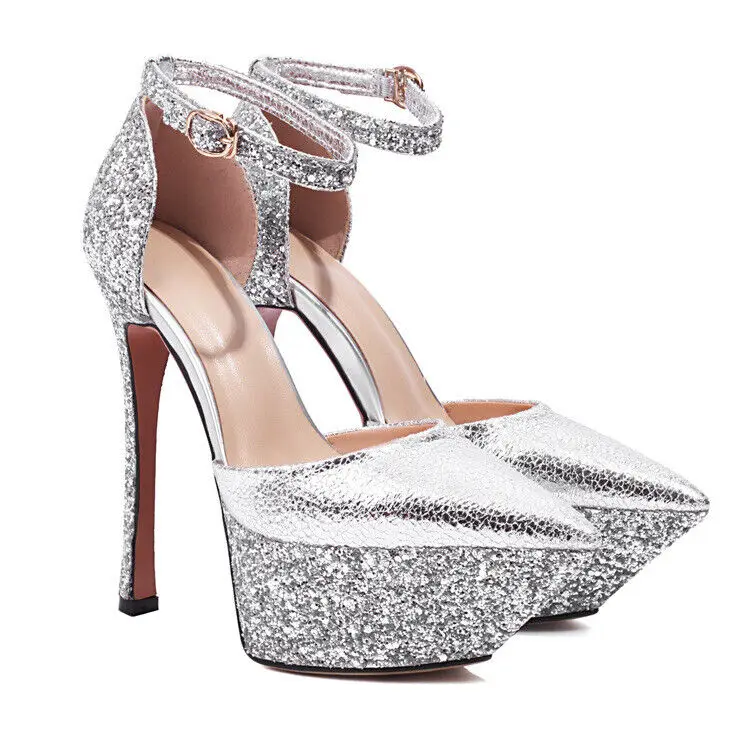 European Style Sexy Pointed Toe Sequins Platform High Heel Shoes Womens Pumps