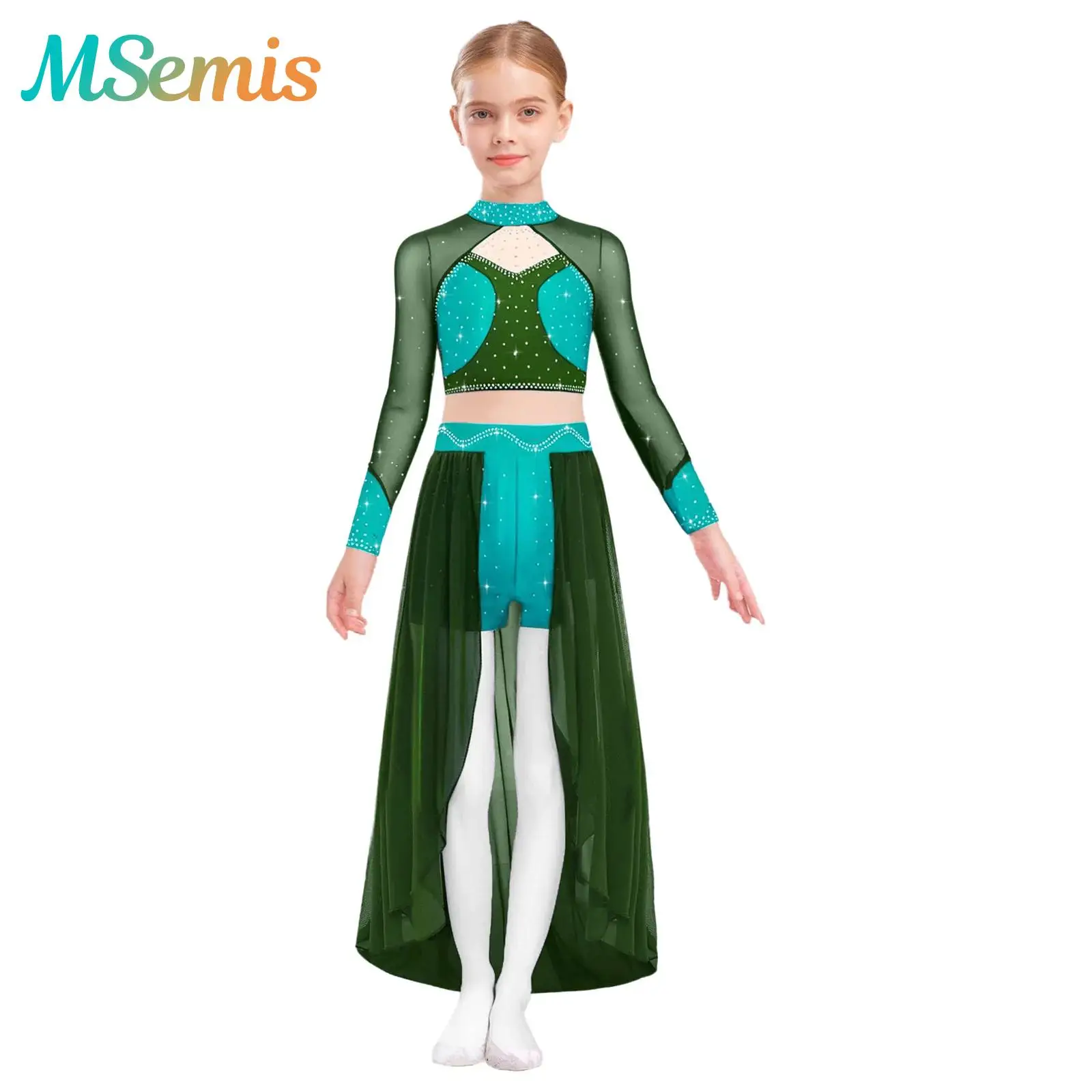 

Kids Girls Shiny Rhinestones Ballet Lyrical Modern Contemporary Dance Leotard Costume Long Sleeve Sheer Mesh Crop Top with Skirt