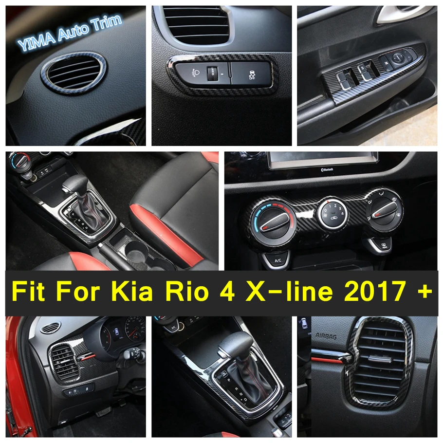 Transmission Shift Gear Panel Head Light Switch Button Cover AC Trim Carbon Fiber Accessories For Kia Rio 4 X-line 2017 - 2021