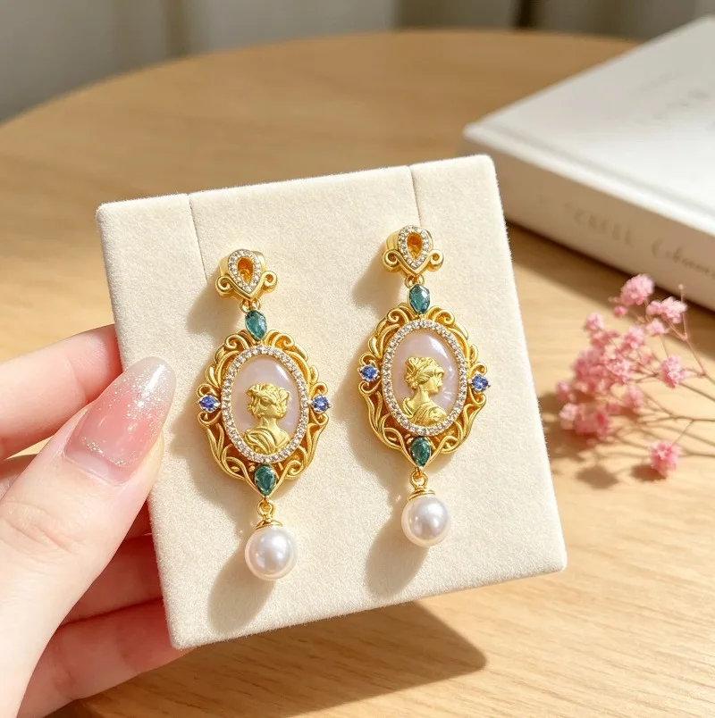 French Court Vintage Embossed Stud Earrings, Sparkly Classical Goddess Style Elegant Luxury Ear Jewelry For Women