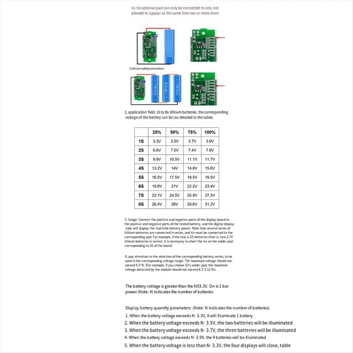2 Pcs 1-8S Lithium Battery Meter Display Module CAA