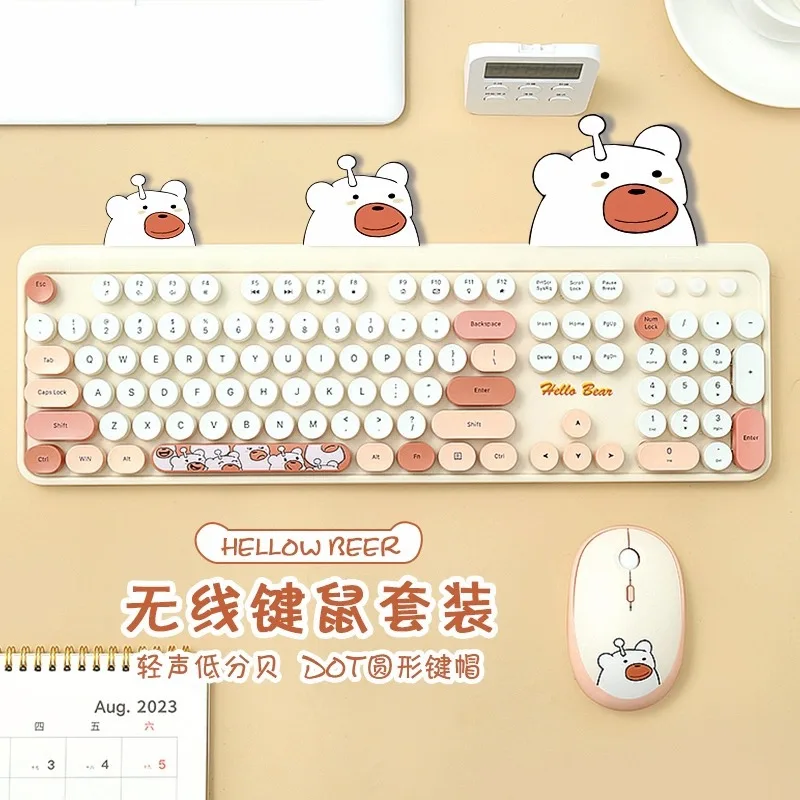 

Hover Round Key Cap Wireless Keyboard Mouse Set Purple Pink Girls Office Laptop Keyboards 104 Keys Cute Bear Bluetooth Claviers