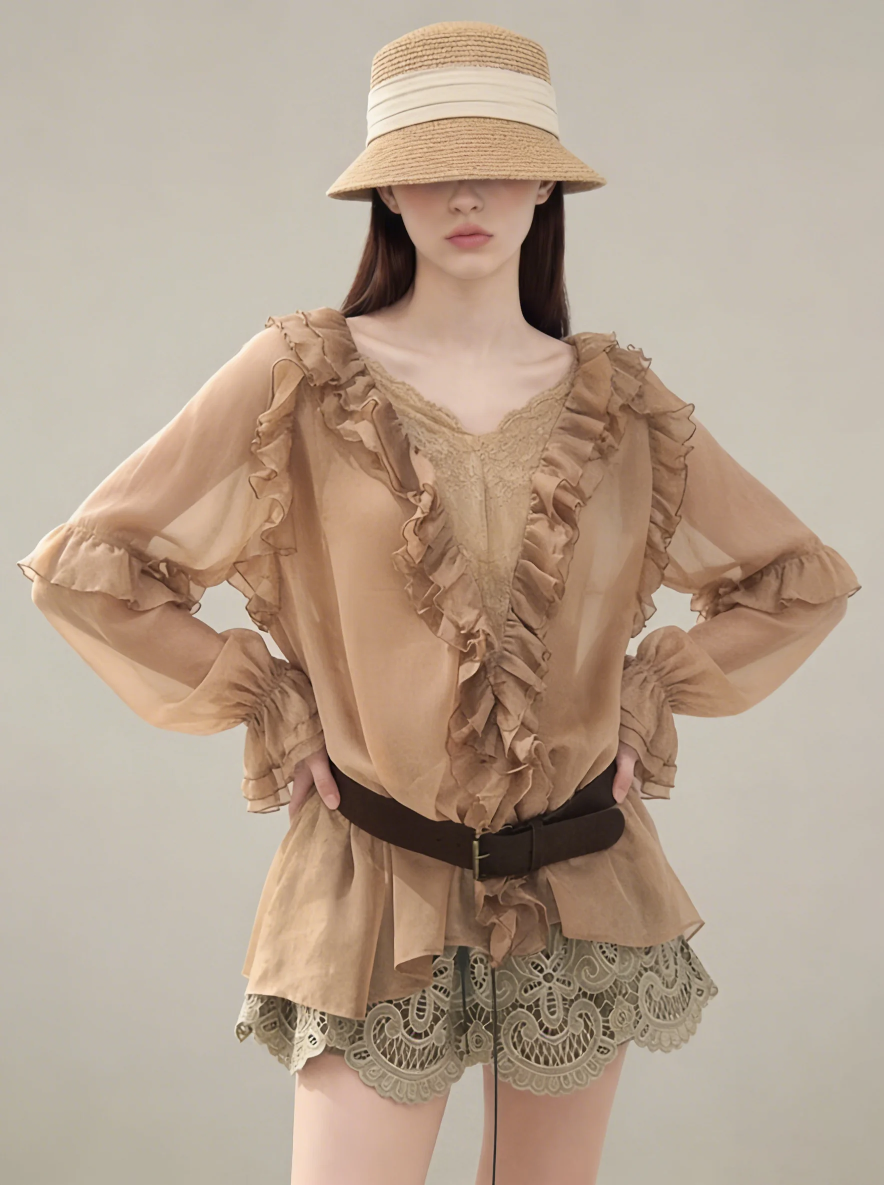 

Women's Summer Fashion Set High Waist Hollow out Lace Blouse And Skirt with Hem Trim Casual Loose Style Spring Collection