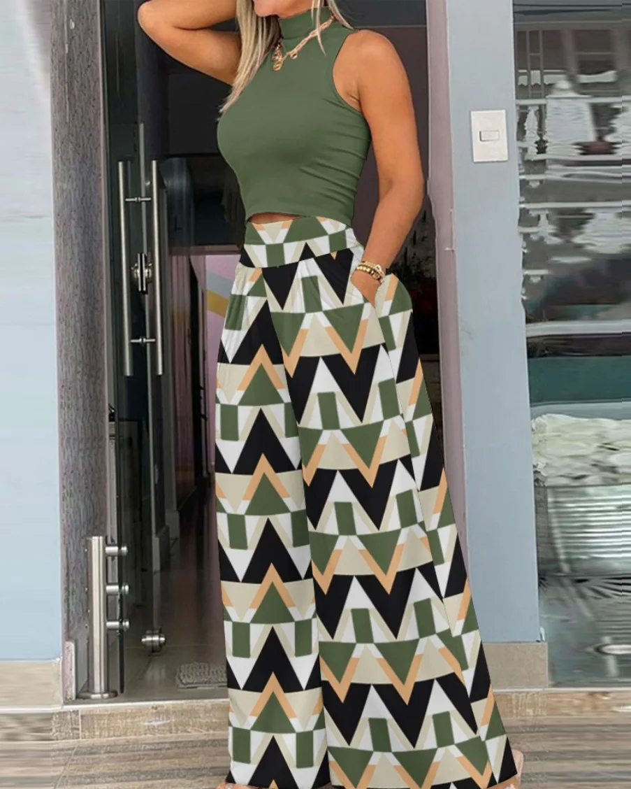 Elegant Round Neck Neck Floral Print Two Piece Set Summer Women Casual Commuting Wide-leg Trouser Suit Loose Office Lady Outfit