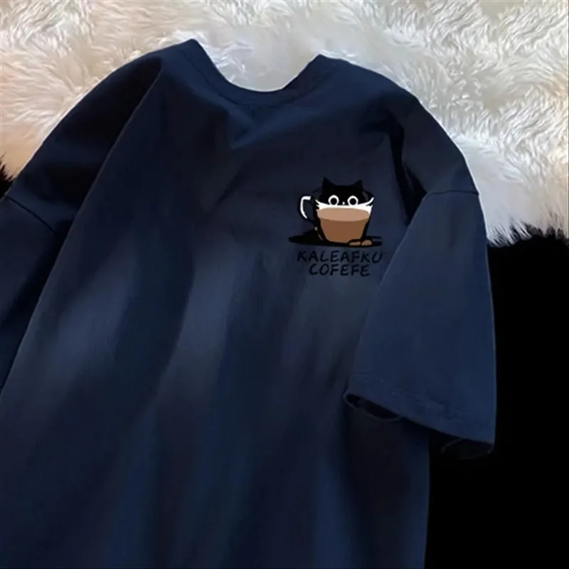 Summer Coffee Simple Basic Oversized Loose Short Sleeve T-shirt Male & Female Student Round Neck Half Sleeve Couple Tee Top image 4