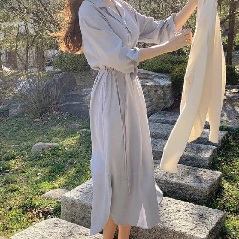 Jesień nowy garnitur kołnierz długa spódnica jednorzędowe sznurowane talia przytulanie Hem koszule z rozcięciem jednoczęściowa sukienka odzież damska E6110