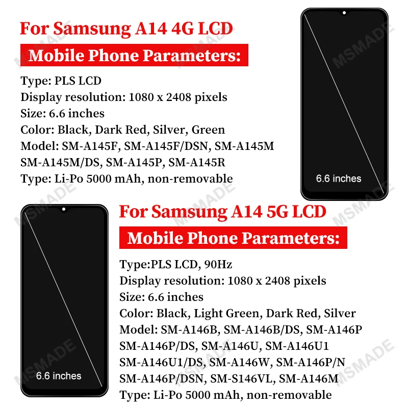 Choice For Samsung Galaxy A14 4G LCD SM-A145F A145M Display Touch Screen Digitizer For Samsung A14 5G SM-A146B LCD