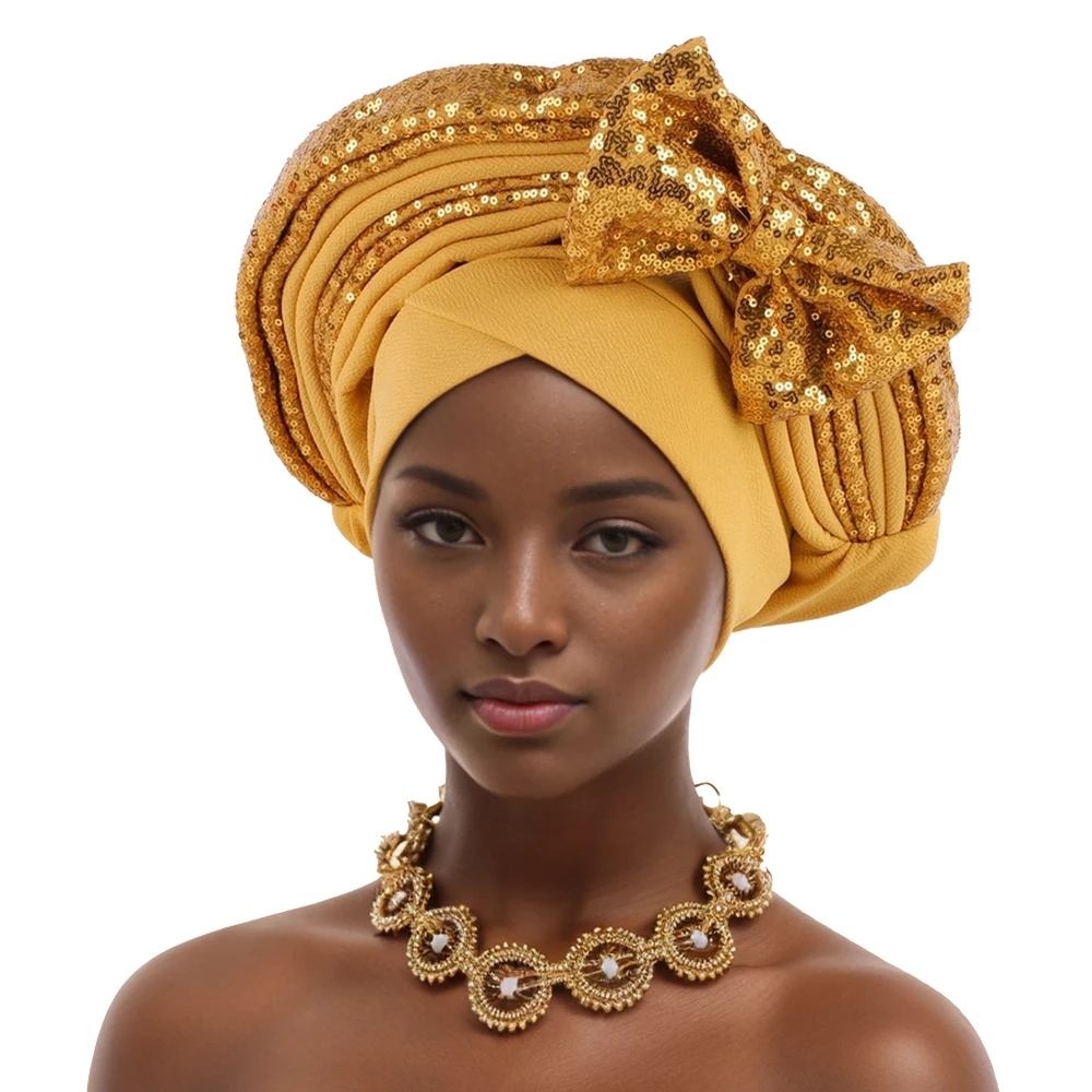 Sweet Bowknot Auto Gele Headtie for Women African Head Wraps Lady Party Headpiece Female Sequins Turban Cap