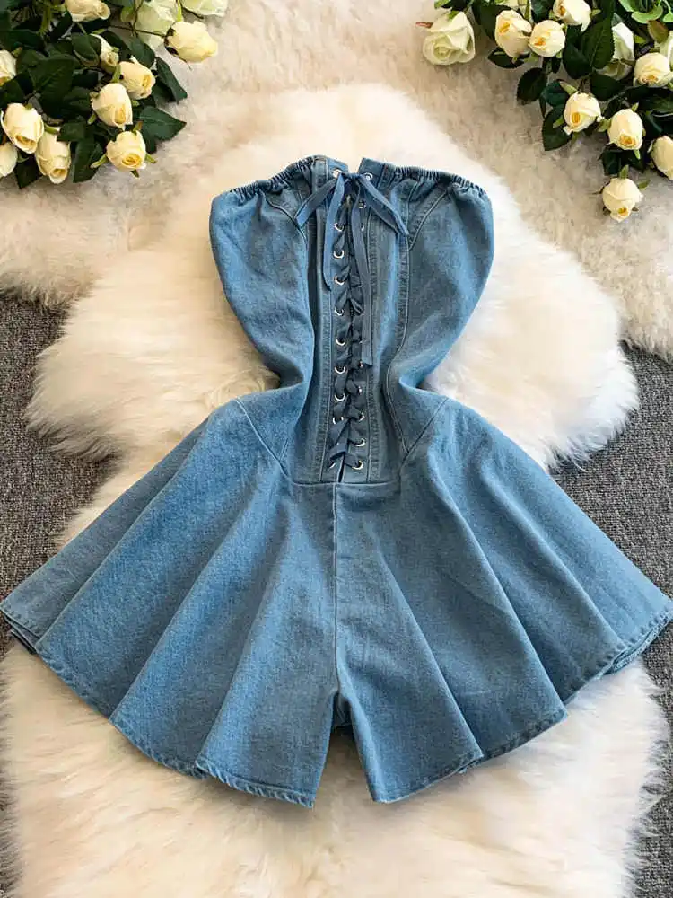 

American Style Vintage Slimfit Denim Dresses Laceup Design Sleeveless Dress For Women New Summer Commuting A-line Skirt