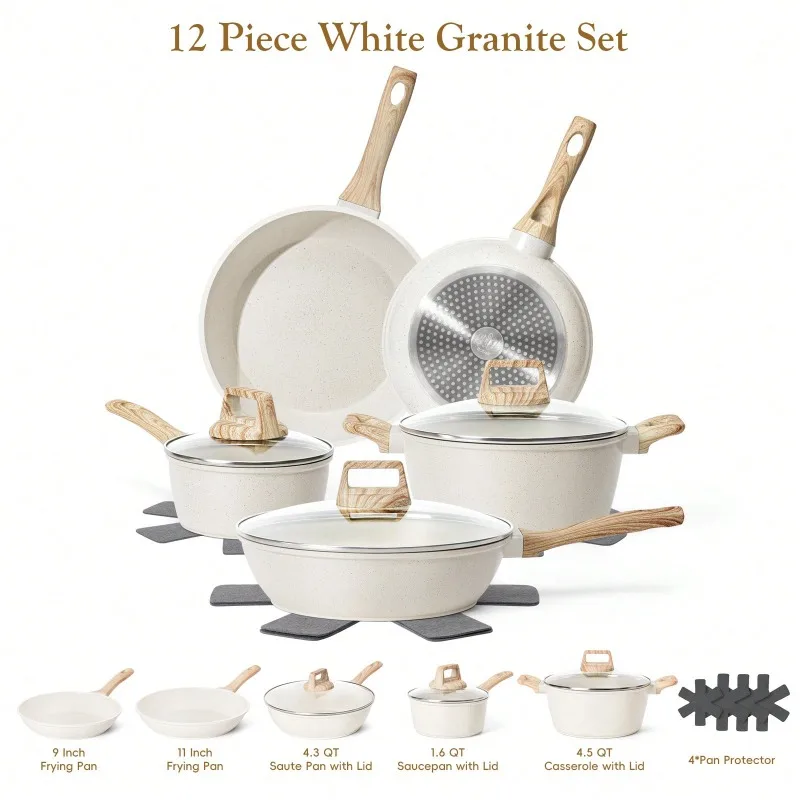 Black/White 12 Pcs Non Stick Cookware Sets Granite Induction Cookware, Healthy Nonstick Kitchen Cooking Set, Suitable For Multiple Stovetops, Kitchen Utensils, Kitchen Essentials