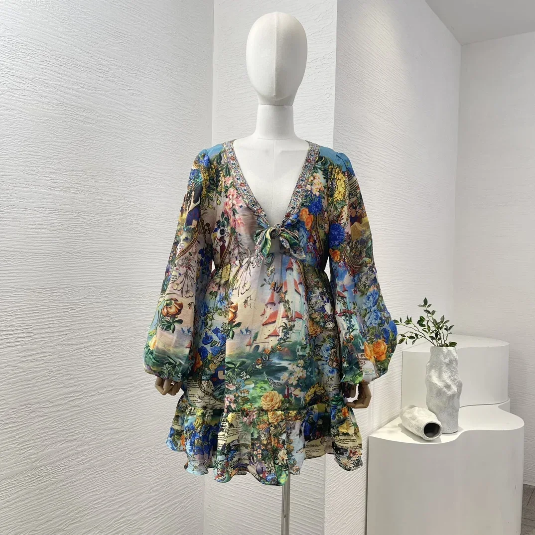 2024 Summer Autumn Women Deep V Neck Mini Dress Multicolor Floral Cartoon Characters Print Diamonds Pressed Long Sleeve Holiday