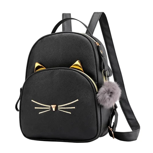 Mochila de viaje para mujer, morral escolar de piel sintética con diseño de gato de dibujos animados, bolso de hombro negro para adolescentes, 2023
