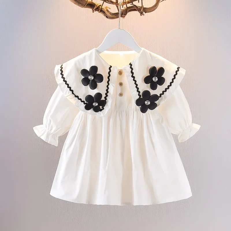 2026 Autumn Spring New Style Newborn Girls Long Sleeve Dress Cute Solid Color Flower Baby Princess Dress Infant Kids Clothing