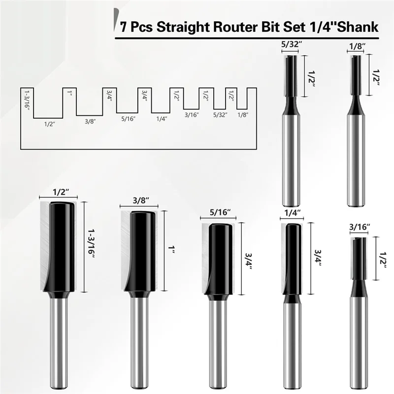 Set di 7 punte per fresatura A69estraight, gambo da 1/4", dado, diametro di taglio 1/8", 5/32", 3/16", 1/4", 5/16", 3/8", 1/2"