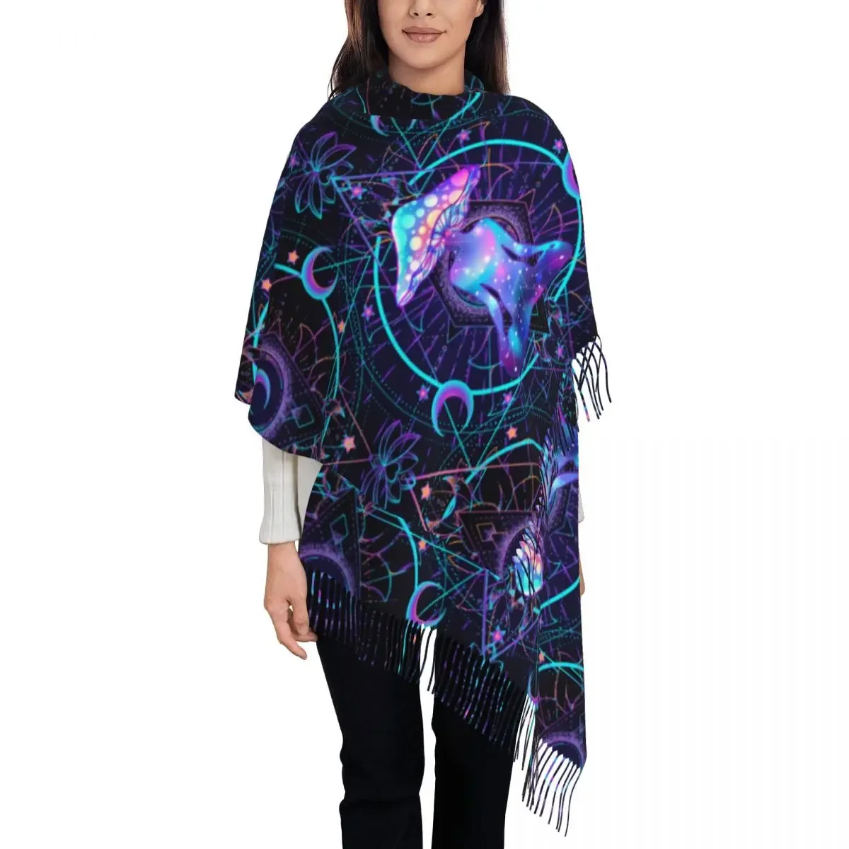 Women's Scarf with Tassel Illusory India Mandala Long Winter Fall Shawl Wrap Psychedelic Buddha Mushroom Zen Pashmina Scarves