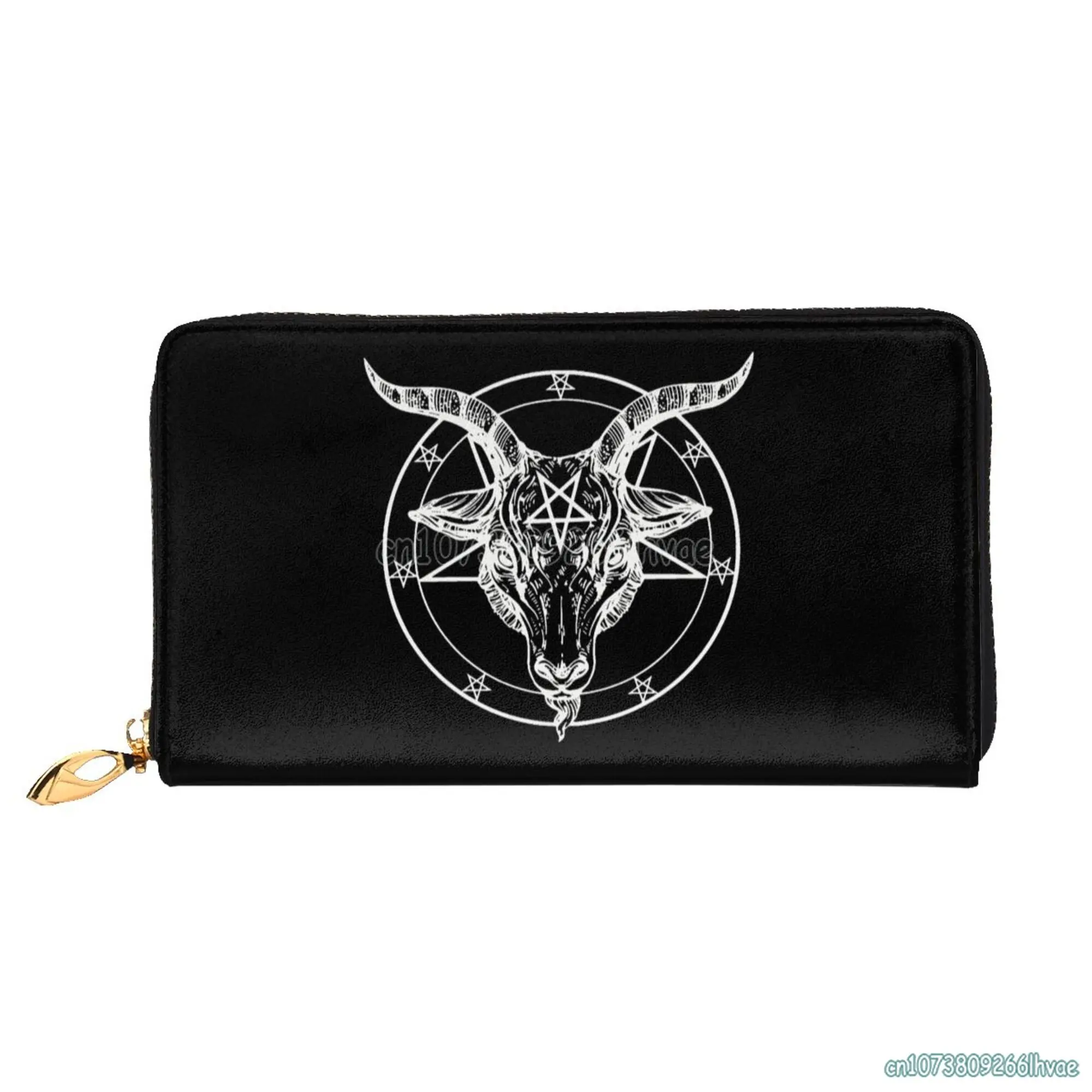 Pentagramma con Demon Baphomet testa di capra satanica pochette in pelle di vacchetta stampa portafoglio lungo portamonete da donna con cerniera