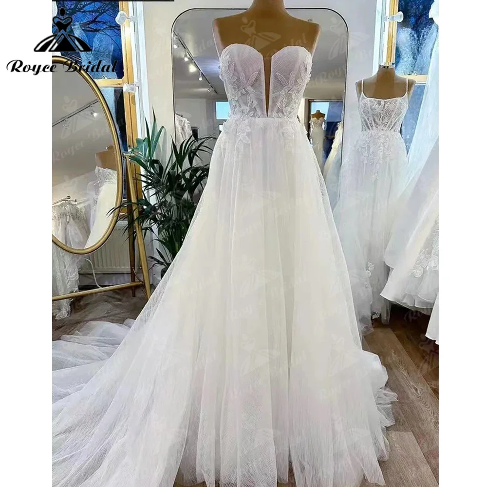 Bohemian Detachable Sleeve Pleat A-Line Wedding Dresses Floral Appliques Lace Bridal Gowns Robe de mariee