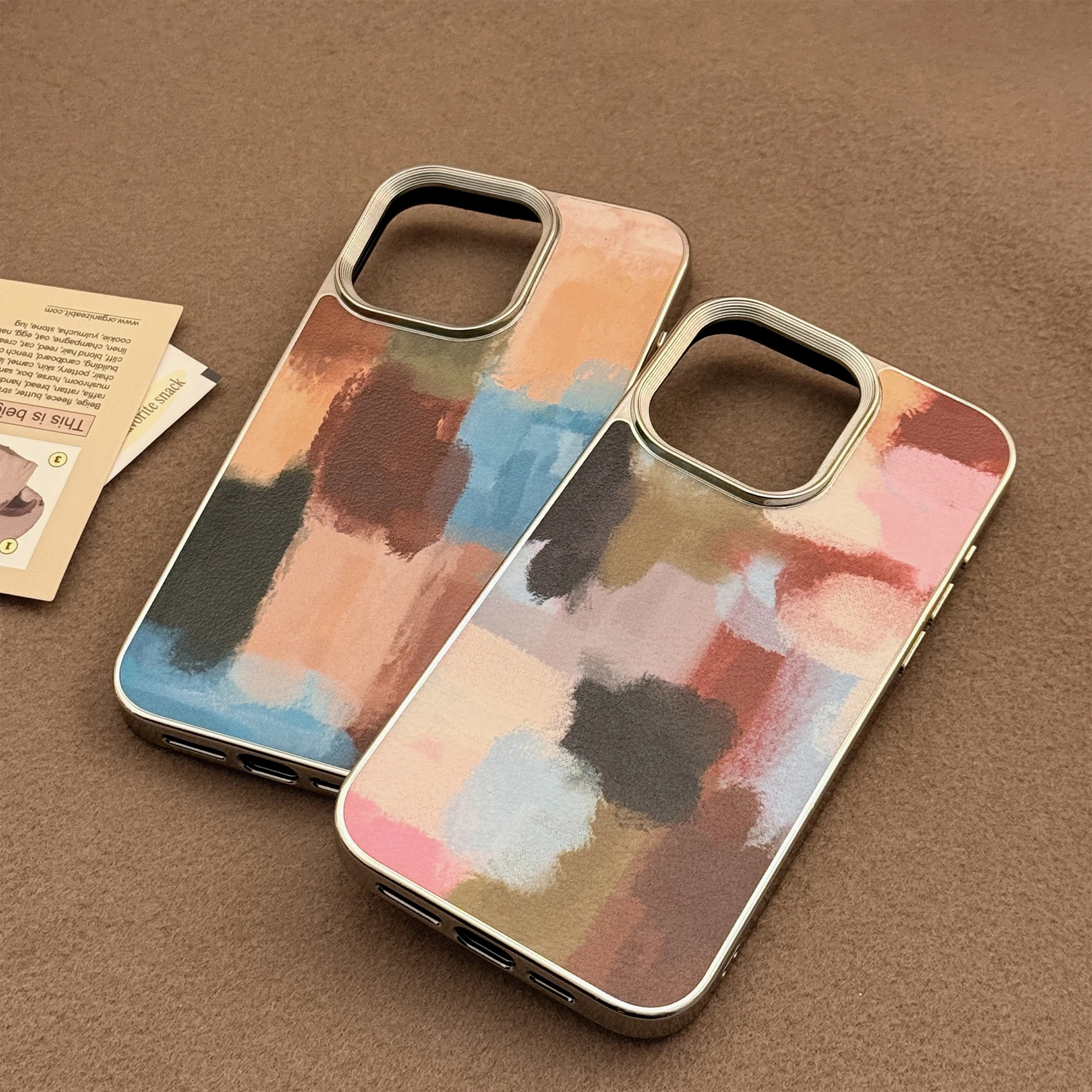 Artistic INS Electroplated Frame Oil Painting Color Splicing Phone Case for iPhone 16 15 14 13 Pro Max Back Phone Cover Capa