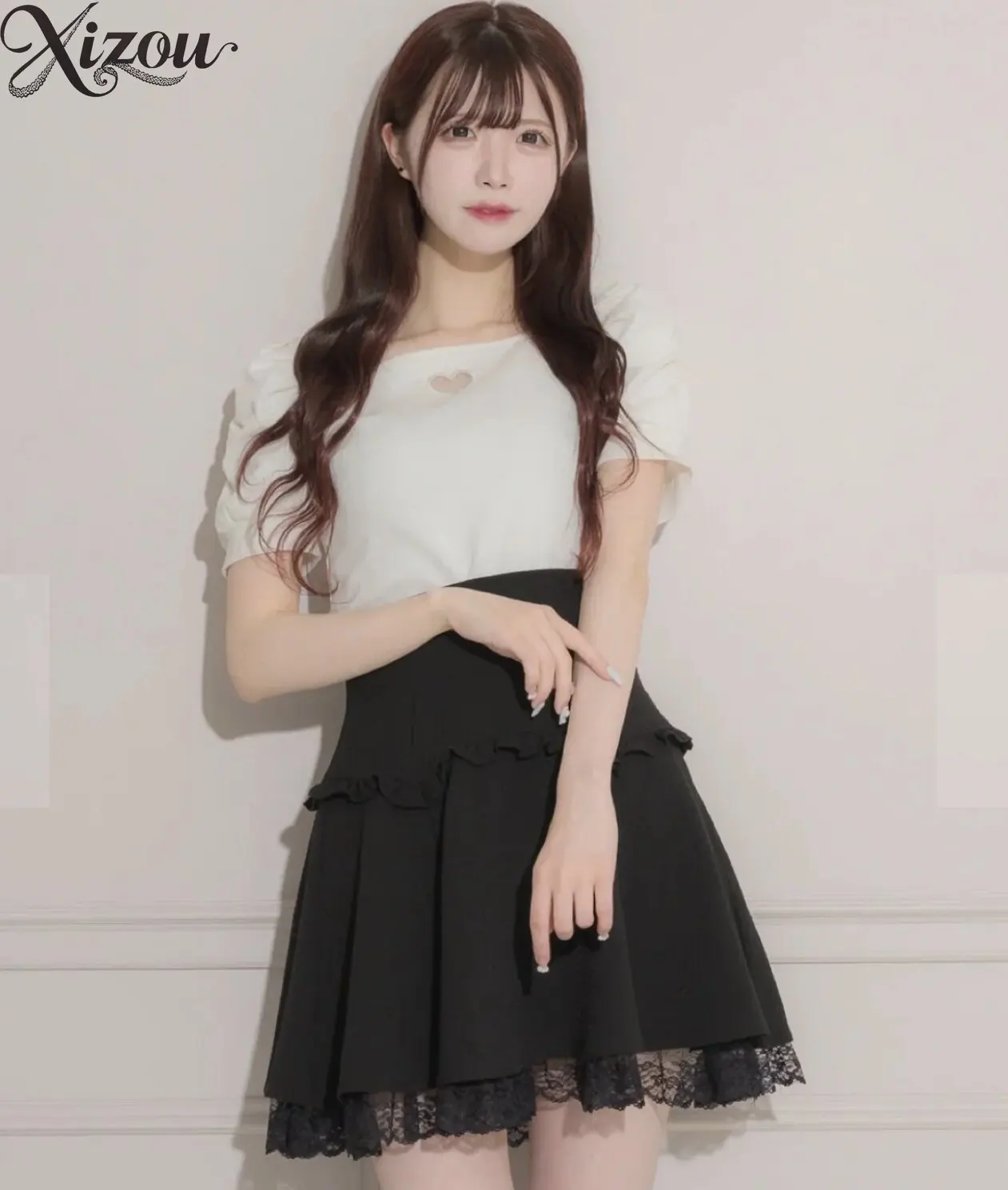 Square Collar Heart Hollow Bubble Short Puff Sleeve Tee Pleated Solid Black French Japanese Summer Commuter Slim Casual Top 2026