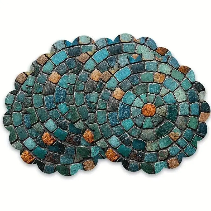 VIKAMA Turquoise Mosaic Stone Print Round Placemats Vintage Rustic Heat Resistant Washable Outdoor Dining Table Mat