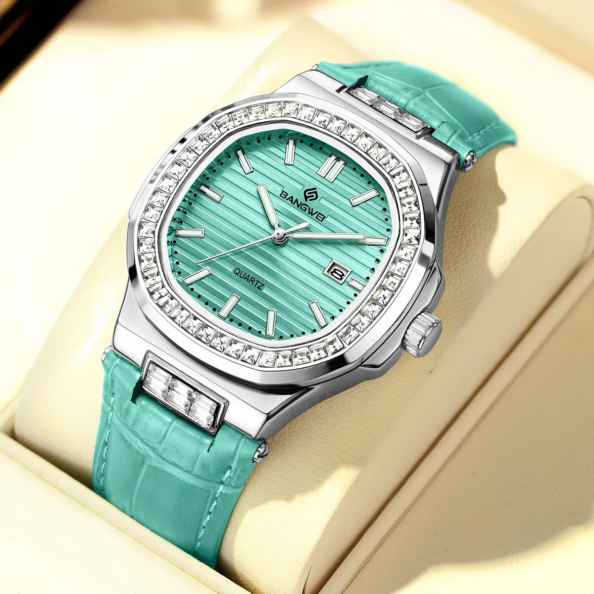 BANGWEI New Fashion Elegant Luxury Quartz Woman Watch Simple Dial Diamond Retro Leather Date Waterproof Luminous Women's Watches