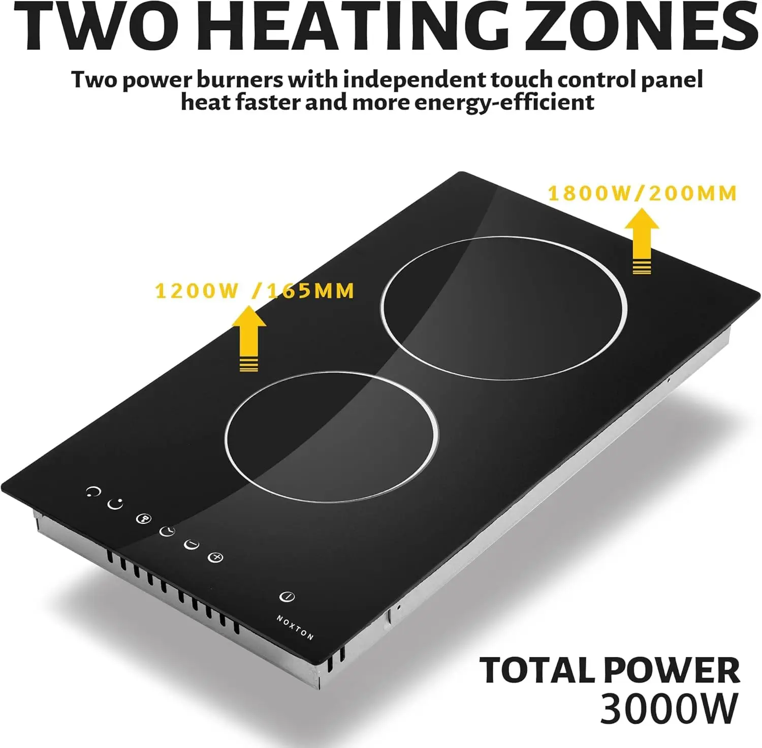 NOXTON Ceramic Hob, Built-in 2 Zone Electric Hobs 29 x 52cm Noise-free Auto Shut-off Safe Lock Heat Indicator Black Glass Panel