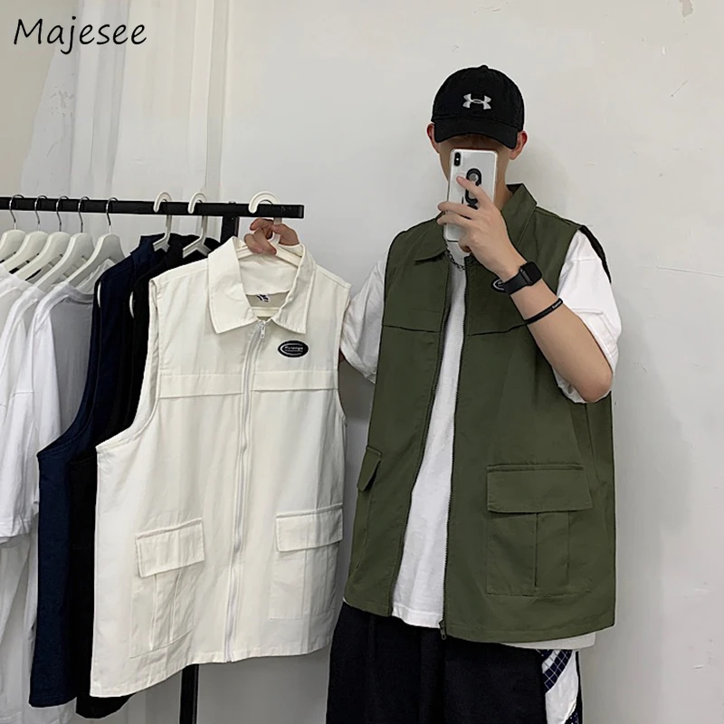 

Summer Cargo Vests Vintage Pockets Ins Zipper Sleeveless Coats XXL Baggy BF Retro Korean-style All-match Casual Daily Waistcoat