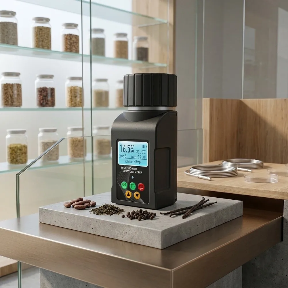 Moisture Meter for Commissariat Grains Including Coffee Beans Featuring Auto-Temp Compensation and Backlit Display