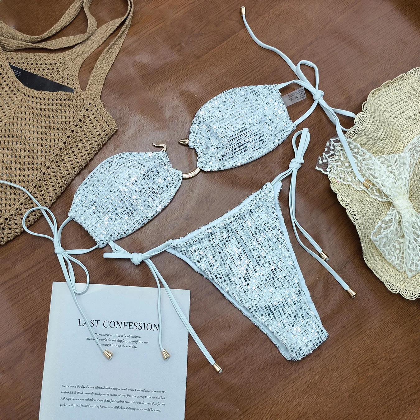 Melphieer Metal Snake Decor Pailletten Sparkle Bikini 2026 Badeanzug Strand Damen Sexy Resort Bademode Biquini Zweiteilige Badeanzüge