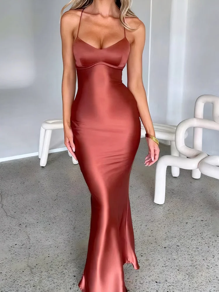 Mode Sexy Backless Lace-up Maxi Avondjurken Y2k Satijnen Jurken 2026 Nieuwe vrouwen Slim Fit U-hals Party Strap jurk