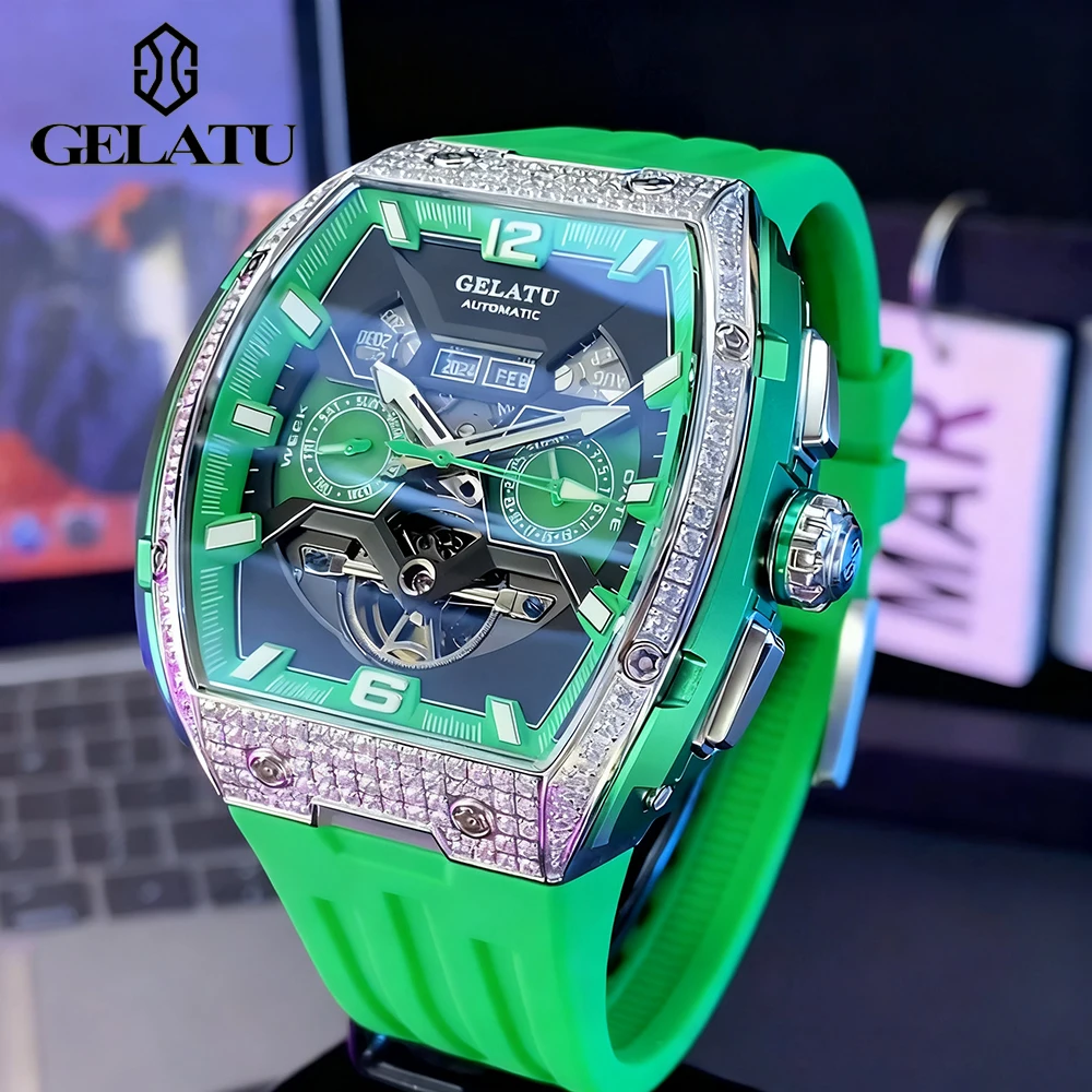 

GELATU мужские часы, повседневные трендовые оригинальные автоматические механические наручные часы, силиконовый ремешок, водостойкий светящийся календарь недели 6016