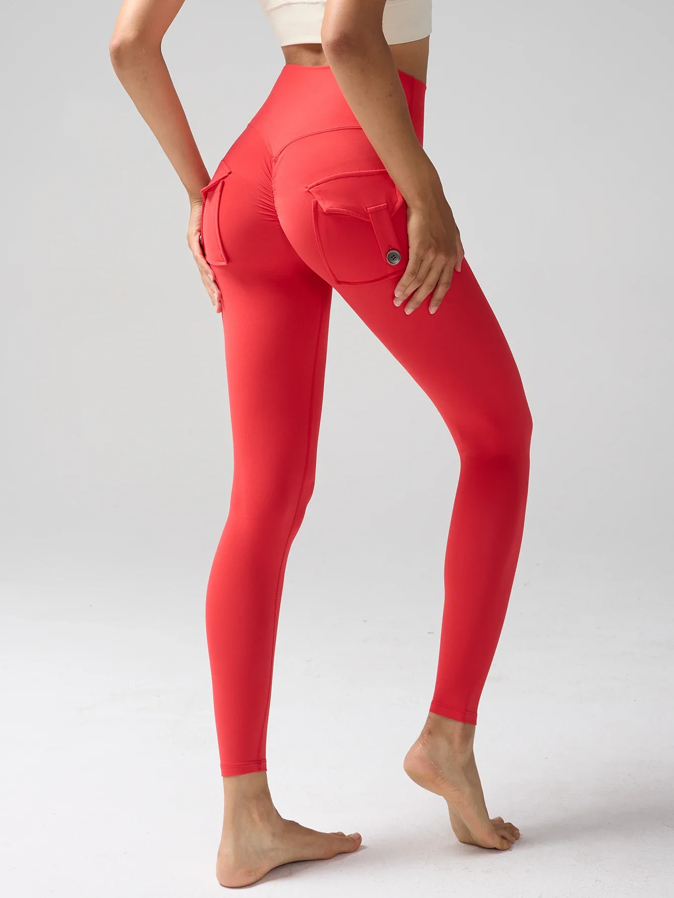Women's High Waist Tummy Control Cargo Yoga Leggings Spandex Solid Gym Tights Sports Running Workout Pants With Pockets