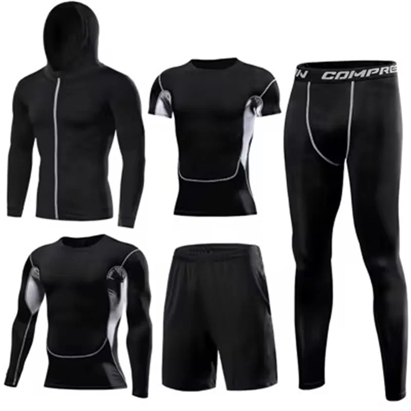 Men\'s 5pcs sets Boxing suit rashguard male kit MMA compression clothing men long-sleeved t-shirt+leggings tracksuit Sport Suit