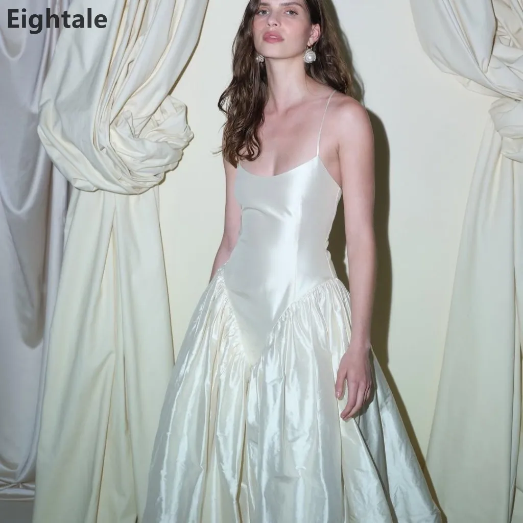 Eightale Spaghetti Strap Taffeta Wedding Dress Cross Lace‑Up Back Fitted Bodice Puffy A‑Line Bridal Gown With Train Customized